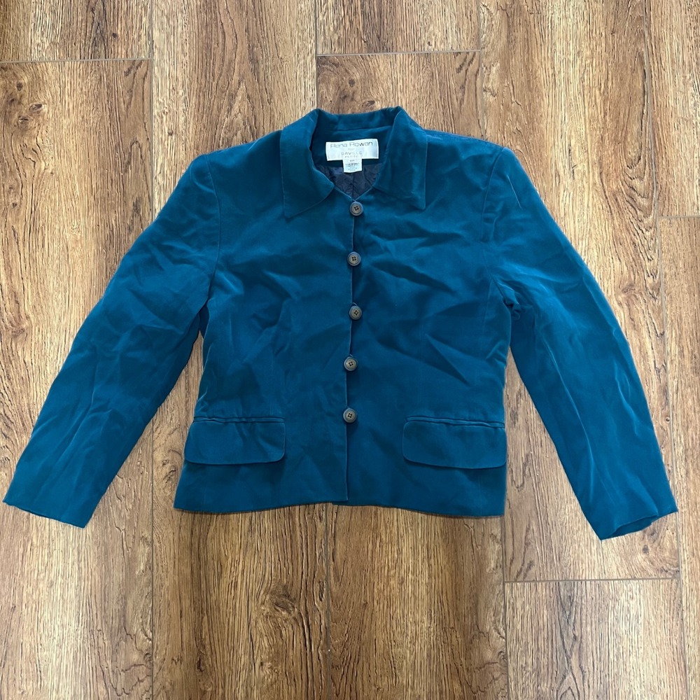 Vintage 90s Rena‎ Rowan for Saville Petite Teal 100% Silk Blazer Jacket 8P Retro
